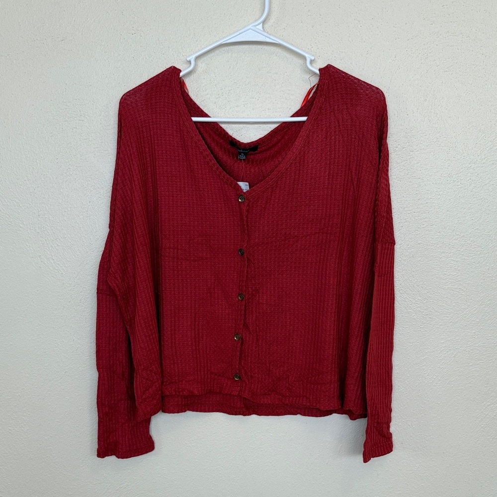 Ambiance Red Oversized Crop Button Down Sweater Size XL Cozy Fall Winter Holiday